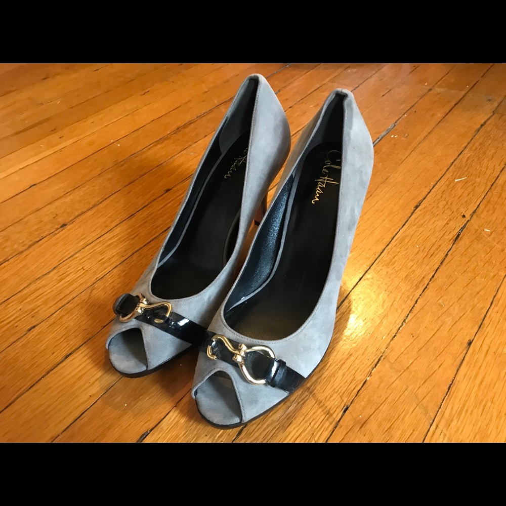 Gray Suede Peep-Toe Pumps with Gold Accent - Women's